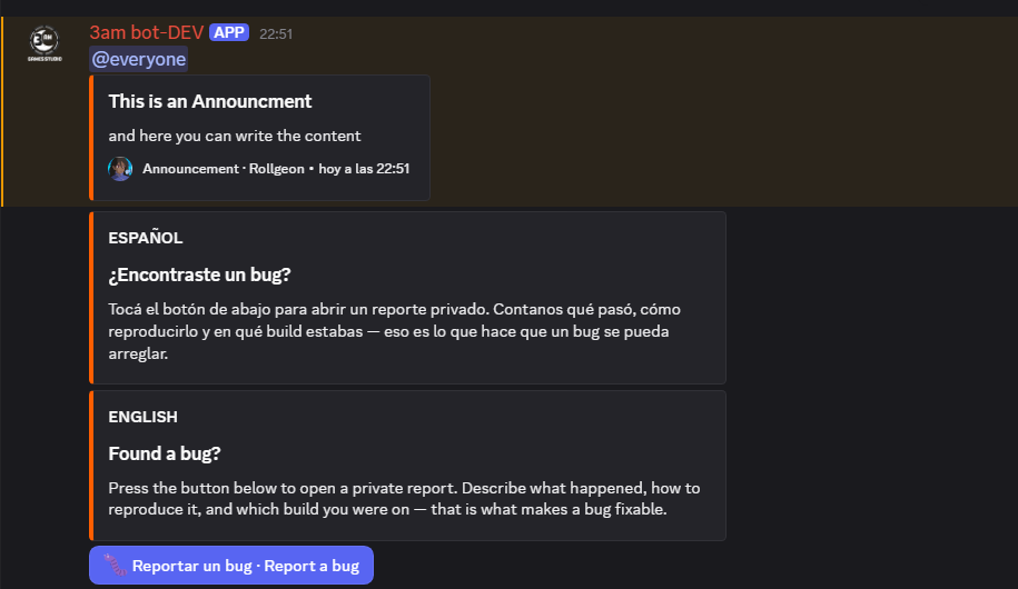 The bot in Discord: an announcement and a bilingual bug-report prompt with its button