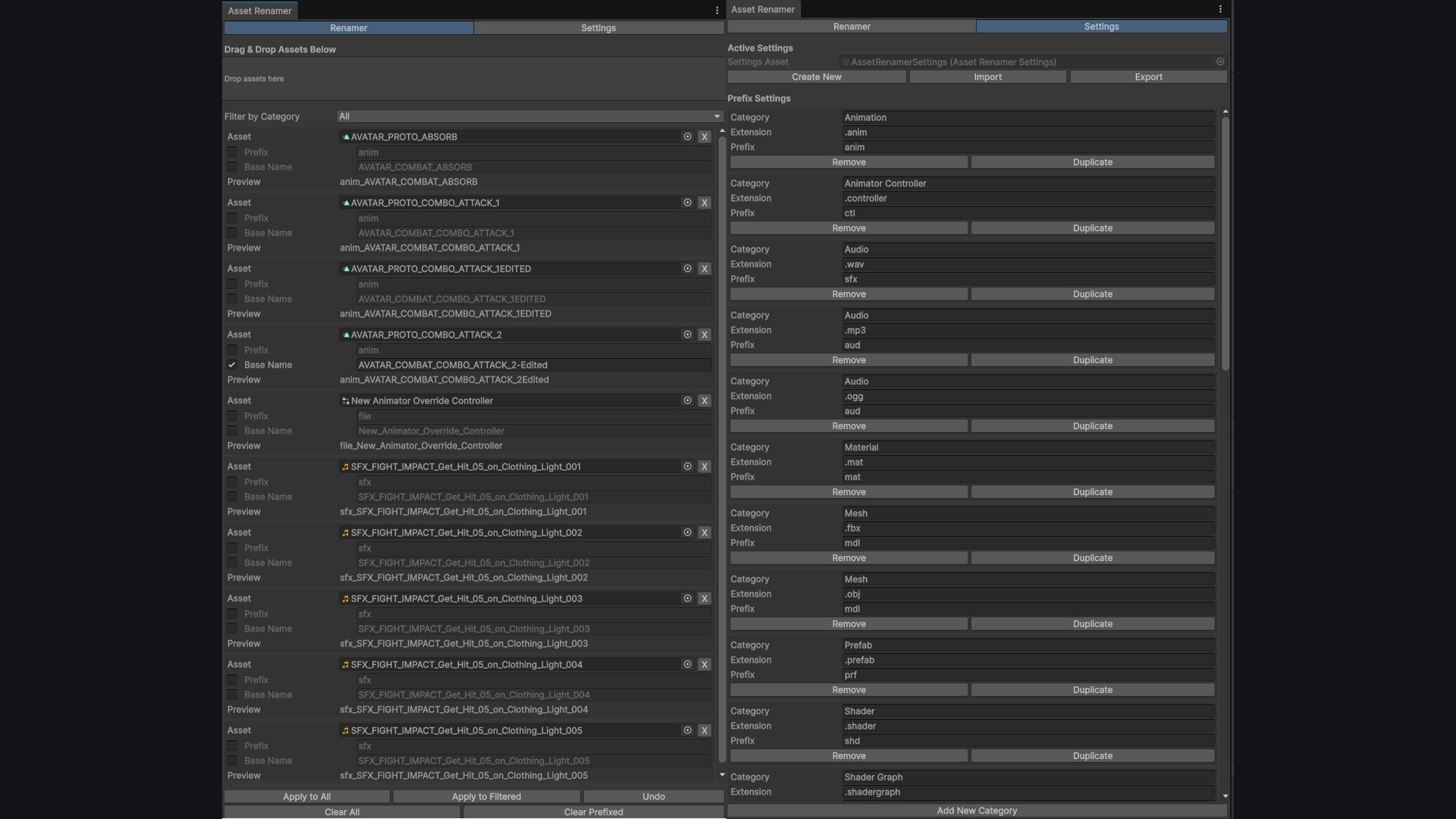 Asset Renamer settings window